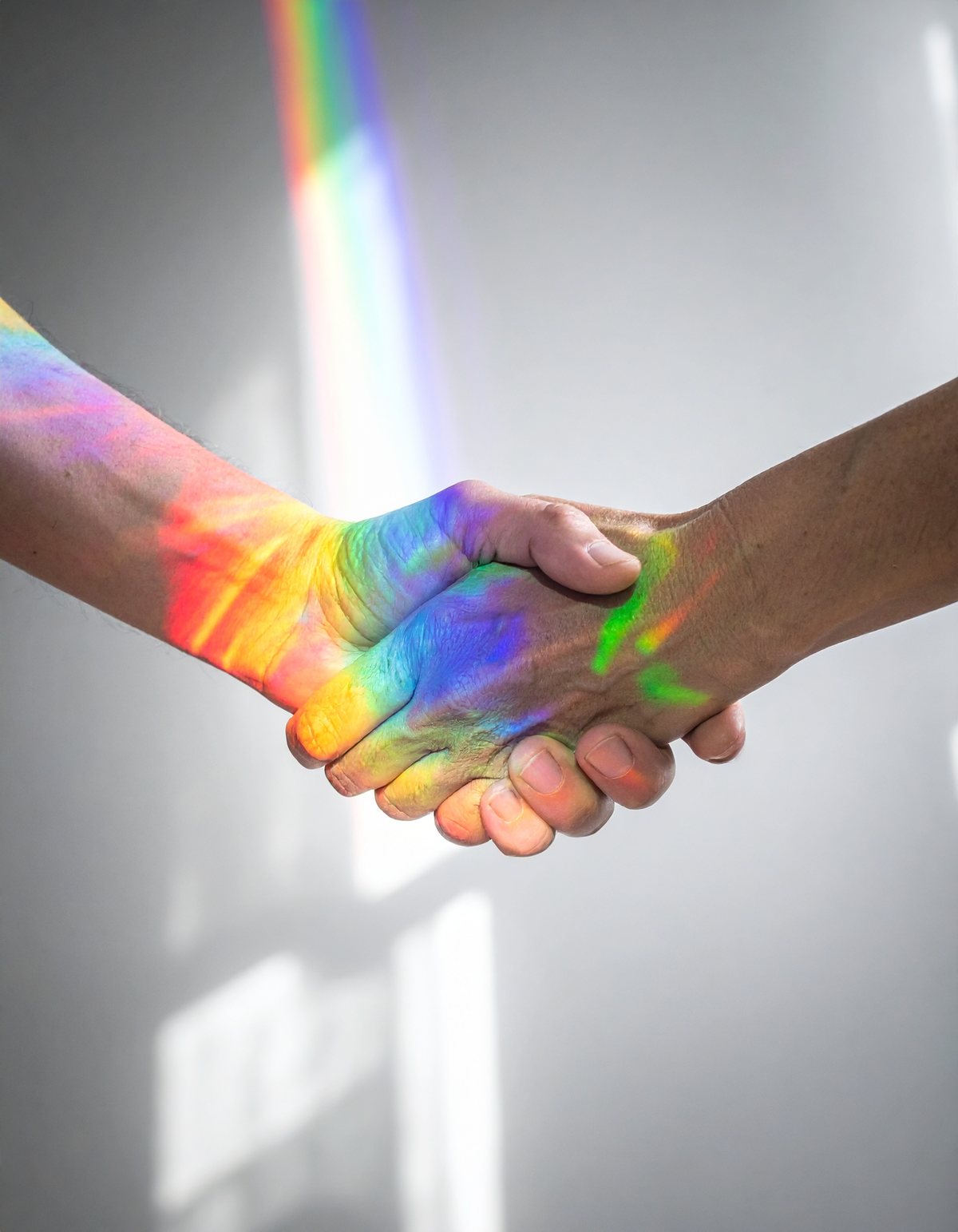 Two people shaking hands, lit by refracted rainbow light